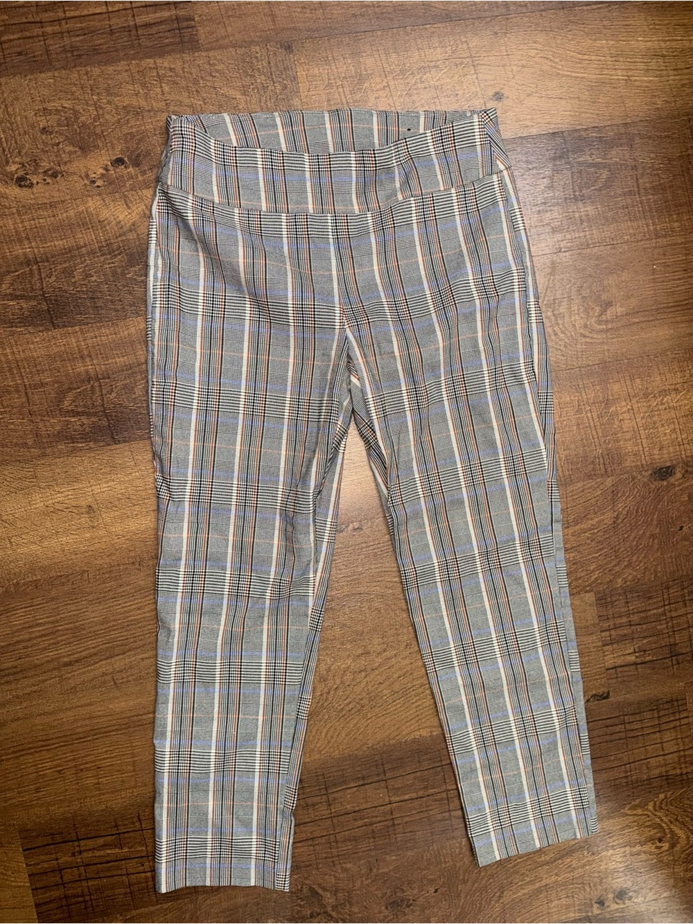 Attyre Plaid Pull-On Pants in Blue, Gray, and Tan